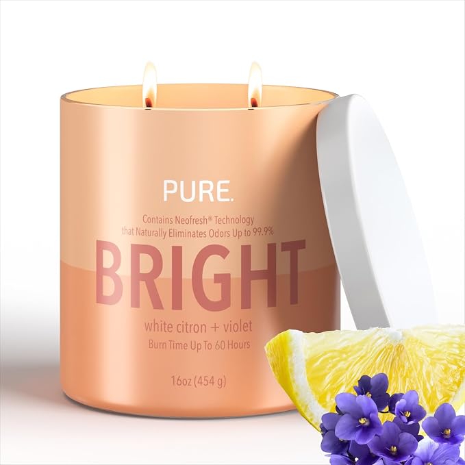 Candle-Lite Pure White Citron & Violet Odor Eliminating Scented Candles, Neofresh Technology Eliminates 99.9% of Odors, 16 oz 2-Wick Jar, Proudly Poured in The USA, Up to 60 Hours Burn Time