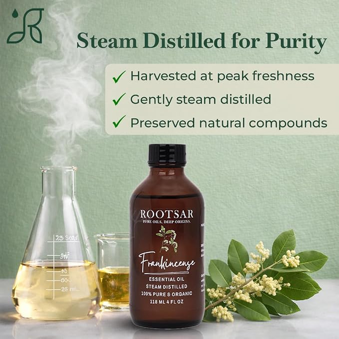 Frankincense Essential Oil – 100% Pure Organic Frankincense Oil, Steam Distilled, 4 FL OZ / 118 ML – Premium Essential Oil for Diffuser, Aromatherapy, Massage, Skin Care, Candle & Soap Making