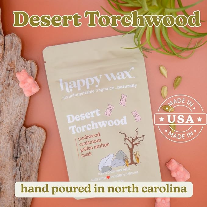 Happy Wax Desert Torchwood Scented Bear Wax Melts - Natural Strong Scented Woodsy Wax Melts Infused w/Essential Oils - Non Toxic & Pet Safe - (8 oz Pouch)