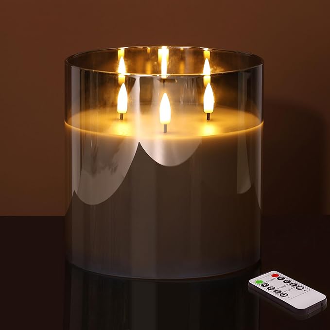 Eywamage 3 Wick Smoke Grey Glass Flameless LED Candle with Remote, Flickering Large Battery Pillar Candle Decor Φ 6" H 6"