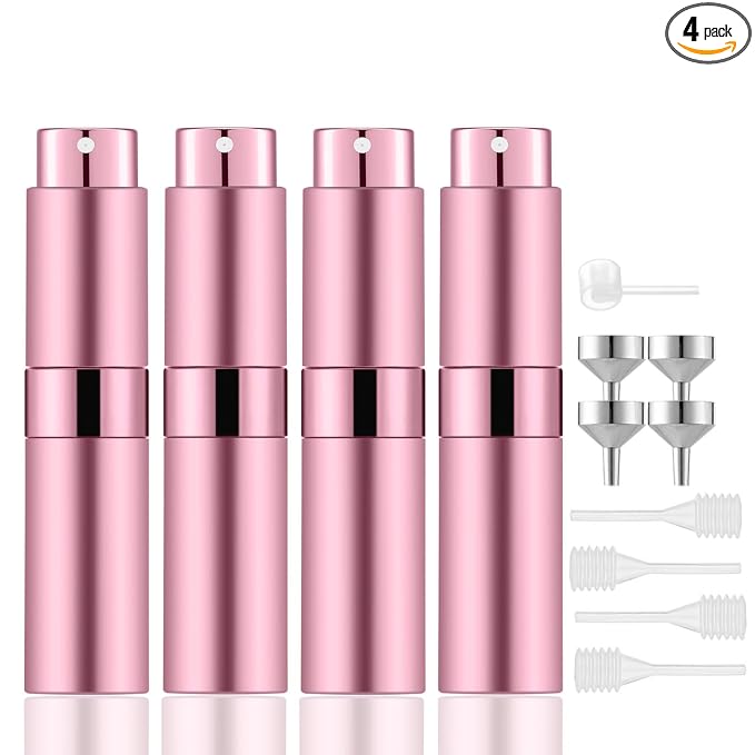 Lil Ray 8ml Portable Mini Perfume Atomizer(4 PCS)，Refillable Empty Small Spray Bottle for Travel, Twist Type Pocket Cologne Sprayer (Pink)