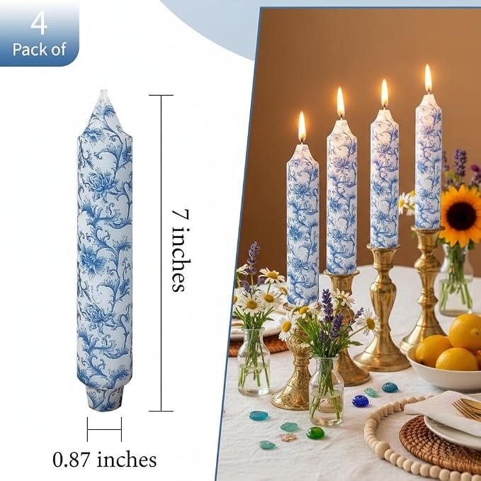 7 Inch Blue and White Taper Candles Short Chunky Candle Sticks Handmade Unscented Smokeless Chinoiserie Floral Thick Candles for Nautical Ceremony Dining Table Everyday Meals Family Dinner Elegance