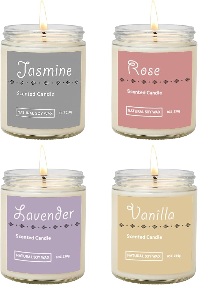 Scented Candle Gift Set, 4 Pack 25oz Soy Wax Candles, 200 Hour Burn Time, Long Lasting Aromatherapy Candles for Home Fragrance, Ideal Gift for Women and Men – Lavender, Jasmine, Rose, Vanilla