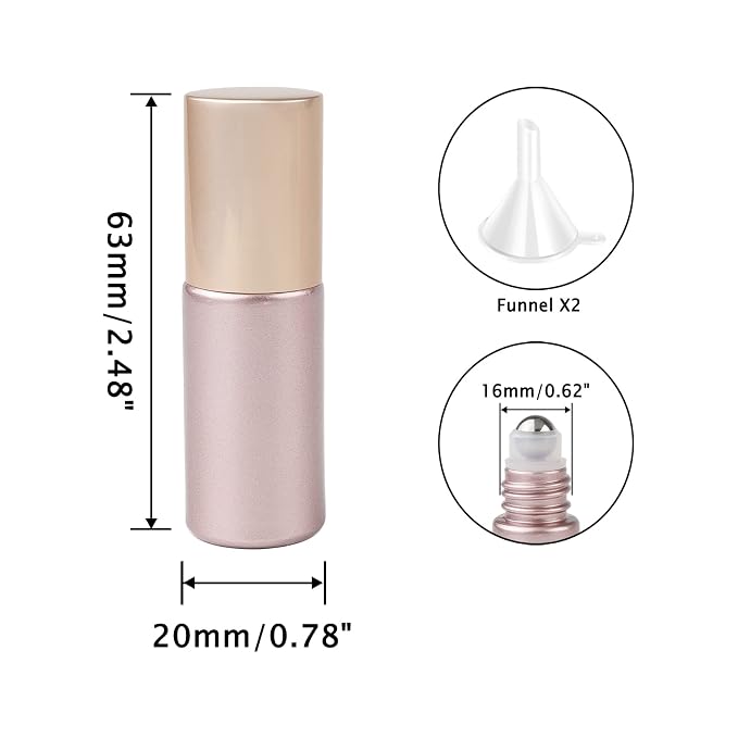 10Pcs 5ml Glass Roller Bottles for Essential Oils, 1/6 oz Refillable Roll on Vials with Funnels, Mini Containers with Stainless Steel Ball for Perfumes Aromatherapy Liquid, Matte Rose Gold