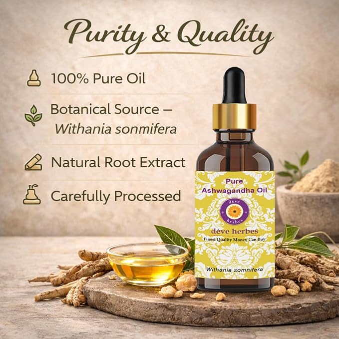 Deve Herbes Ashwagandha Oil (Withania somnifera) with Two Glass Droppers | Infused | Pure | Non-Sticky | Lightweight | for Facial Care | Men & Women | 30ml X 2 (2 oz)