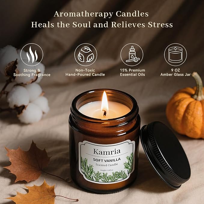 Soft Vanilla Scented Candle, Warm & Cozy Aromatherapy in Amber Glass Jar, Natural Soy Wax for Home Decor, Sweet Relaxing Gift for Women, 7oz