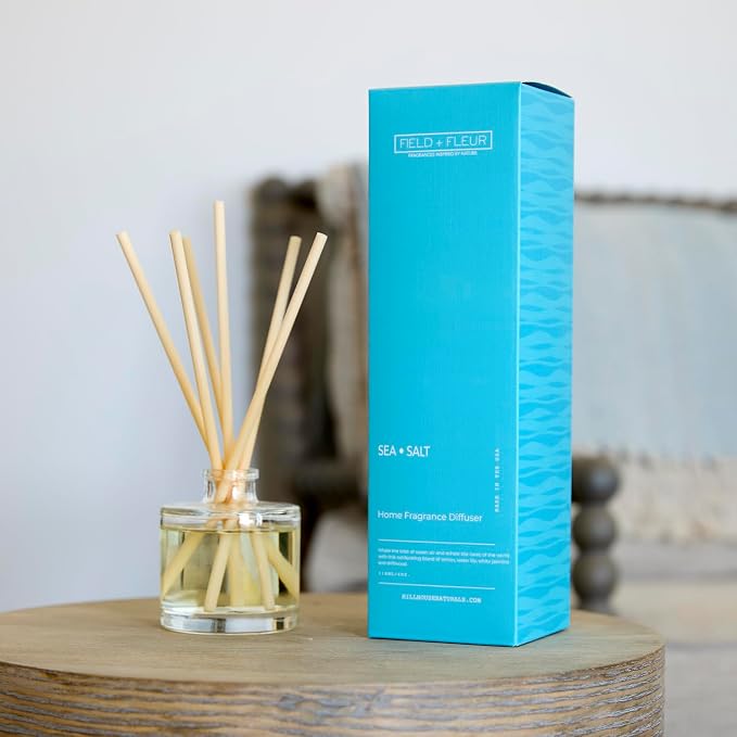 Field + Fleur - Reed Diffuser Set - Home Fragrance Diffuser - Refresh Home, Bedrooms, Bathrooms & More - Notes of Lemon, Water Lily, Jasmine & Driftwood - Made in the USA - Sea Salt Scent - 4 oz
