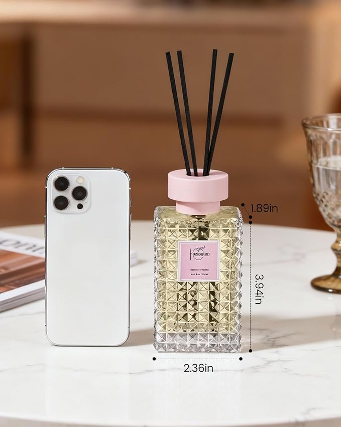 Reed Diffuser Set, Cashmere Vanilla Scented Home Fragrance Air Freshener for Bathroom Shelf Decor, 5.07 fl oz/150ml Essential Oil with Sticks