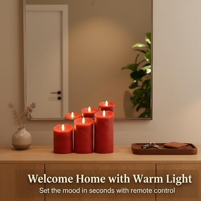 ANGELLOONG Red Flameless Candles with Remote and Timer, Real Wax Flickering Fake Pillar Candles Battery Operated, Electric LED Candle for Bathroom Table Decor Birthday Gifts for Him Her, Set of 3