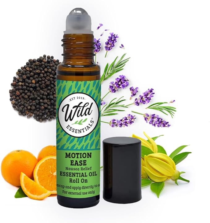 Wild Essentials Motion Ease Essential Oil Roll On, 10ml Motion Sickness, Nausea, Upset Stomach, Vertigo, Dizzy, Seasick, Carsick, Made with Organic Jojoba Oil, Ready to Use, Moisturizer, All Natural