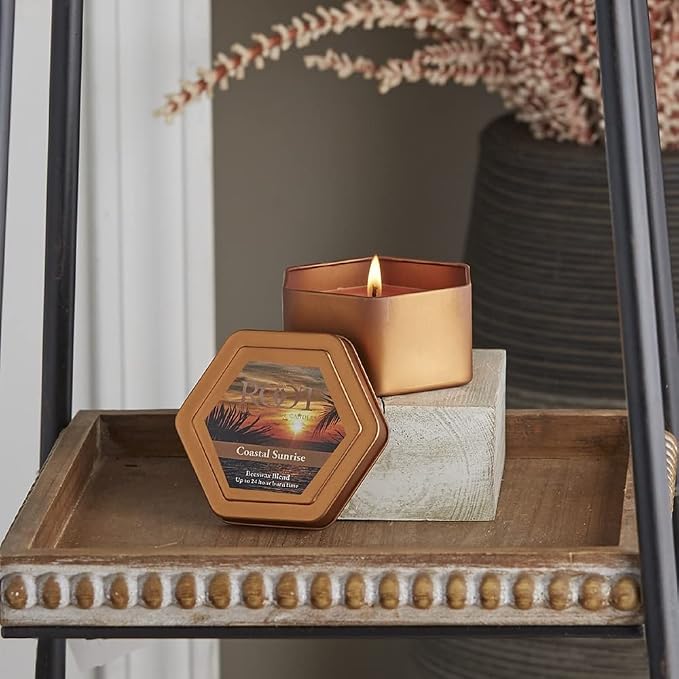 Root Candles Scented Candles in Travel Tin 24-Hour Honeycomb Traveler Handcrafted Beeswax Blend Candle, 4-Ounce, Coastal Sunrise