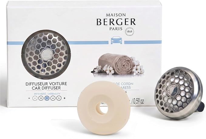 MAISON BERGER Car Diffuser Set, Cotton Caress | Clean Powdery Cotton Notes, Refillable Vent Clip with Ceramic Refill, Passive 4-Week Diffusion, Made in France