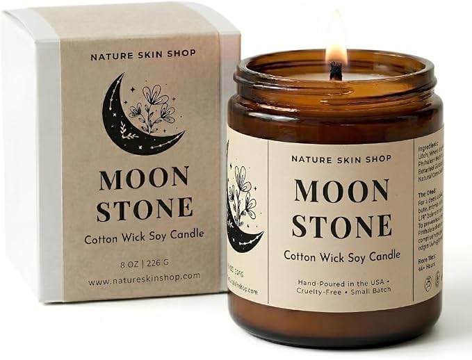 Nature Skin Shop Moonstone Artisan Soy Candle Night Blooming Jasmine and Sandalwood Aromatherapy Home Fragrance Vegan Cotton Wick 8 oz