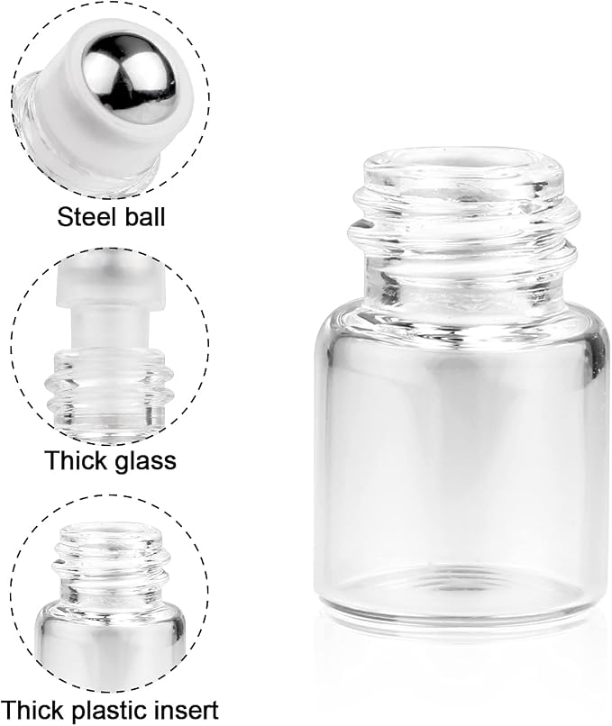 Wresty 25 Pcs Clear Glass Mini Roll On Bottles Empty Essential Oil Roller Ball Bottles Perfume Lip Blam Cosmetic Sample Vials Roller Glass Bottles Container With Black Cap (1ml)