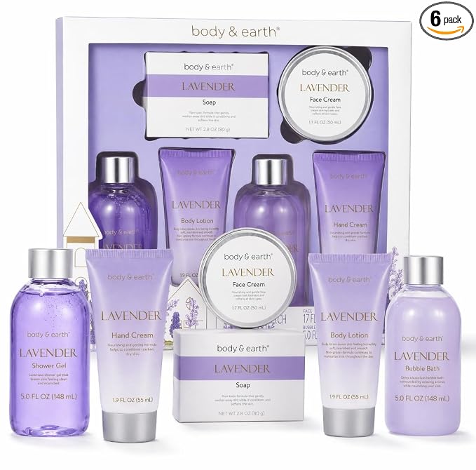 BODY & EARTH Bath and Body Gift Set - 6 Pcs Lavender Bath Kit for Women Spa Set, Birthday, Mother's Day Gift Set for Women Includes Bubble Bath, Shower Gel, Body Lotion