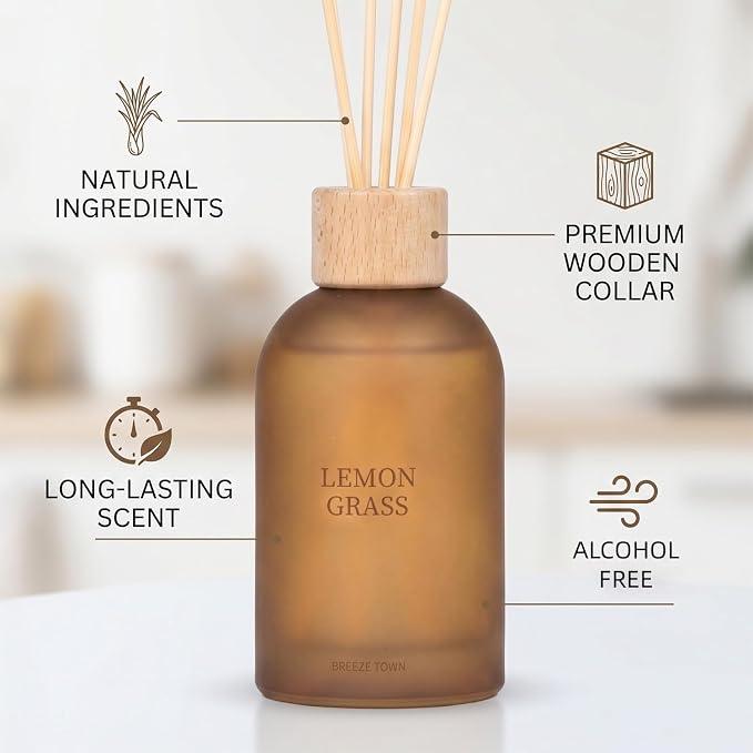 Reed Diffuser Set 6.7 oz Scented Oil Diffuser with 6 Fiber Sticks, Long Lasting Home Fragrance for Bathroom Shelf Decor, Living Room, Office Aromatherapy Gift 01 (Lemon Grass)
