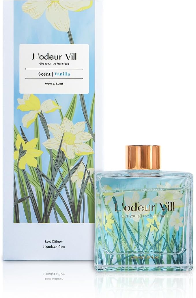 L'odeur Vill Reed Diffuser Set/Vanilla/3.38 fl.oz（100ML）/1 Pack with 6 Reed Sticks/Home Fragrance Diffuser, Oil Scent Diffuser for Bathroom Shelf Decor.
