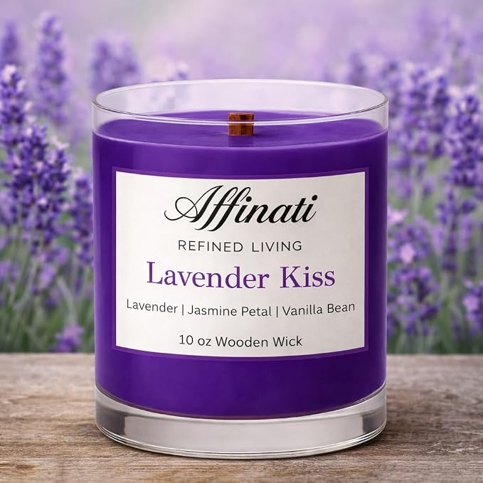 Affinati Lavender Kiss Scented Candle, 10 oz Wooden Wick Tumbler Jar – Calming French Lavender Aromatherapy for Sleep, Relaxation Soy Gift