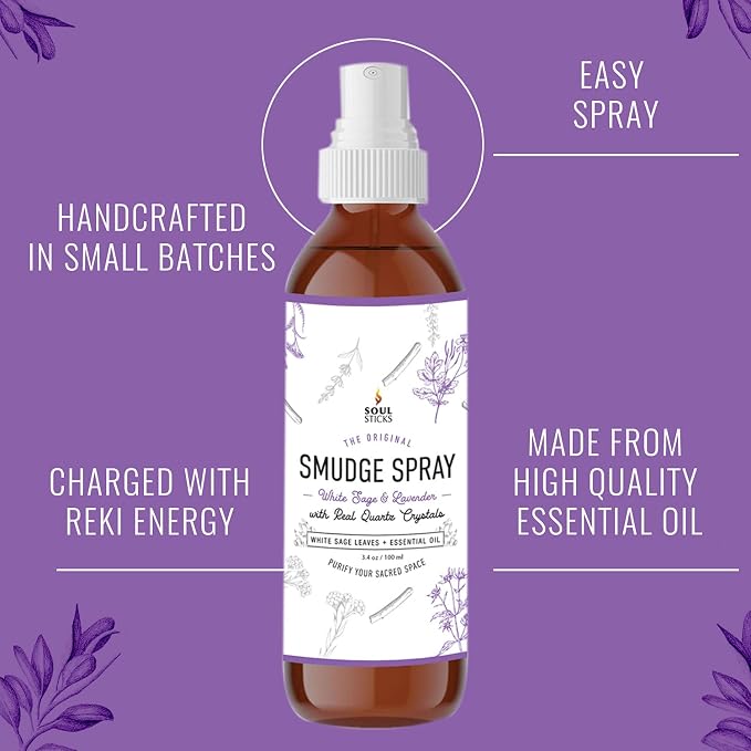 SOUL STICKS White Sage & Lavender Smudge Spray – 3.5oz Smokeless Mist with Quartz Crystals – Calming Essential Oil Spray for Sleep, Stress Relief, Meditation, and Energy Cleansing