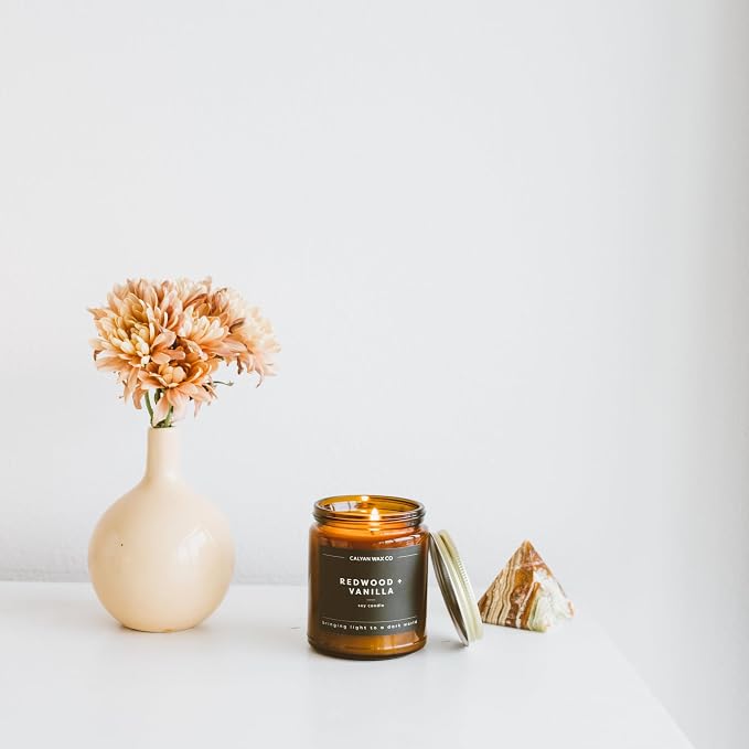 Calyan Wax Co. Redwood & Vanilla Scented Candle - 57 Hour Burn - Luxury Clean Soy Wax Candles - Long Lasting Amber Glass Jar Candle for Home - 7.2oz