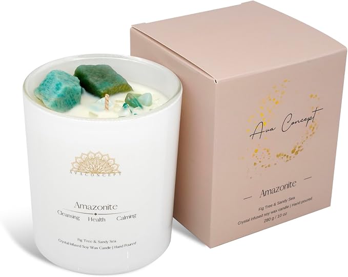Amazonite Crystal Candle – 10oz / 280g Fig Tree & Sandy Sea Aromatherapy Hand-Poured Soy Wax Genuine Amazonite Healing Crystals Embedded Cleansing, Health & Calming Gift Box Included
