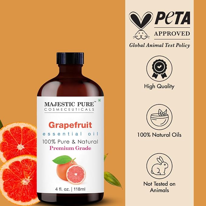 Majestic Pure Essential Oil with Glass Dropper - 100% Pure and Natural - Essential Oils for Diffuser, Aromatherapy, Soap and Candle Making, Grapefruit Essential Oil, Grapefruit Oil, 4 Fl Oz