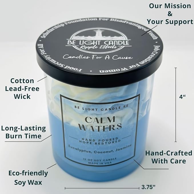 Coastal Beach Candle | Purpose-Driven Soy 12oz Scented Non-Toxic | Gifts for Women | Blue Aesthetic | Decorative Cute Candle | Be Light Candle RE (Calm Waters)