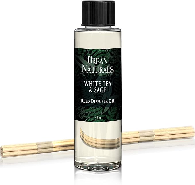 Urban Naturals Reed Diffuser Oil Refill White Tea & Sage, Sparkling Bergamot, Fresh Sage, 4 oz + Free Reed Sticks, Made in the USA