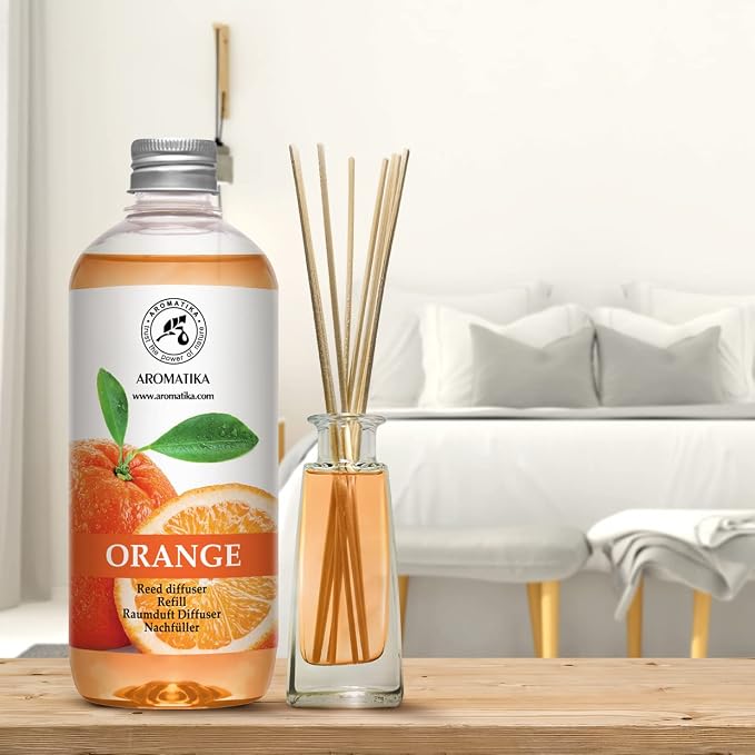 AROMATIKA Orange Reed Diffuser Refill 17 Fl Oz (500ml) - Room Fragrance Diffuser with Natural Essential Orange Oil - Best for Aromatherapy - Home - Kitchen - Office