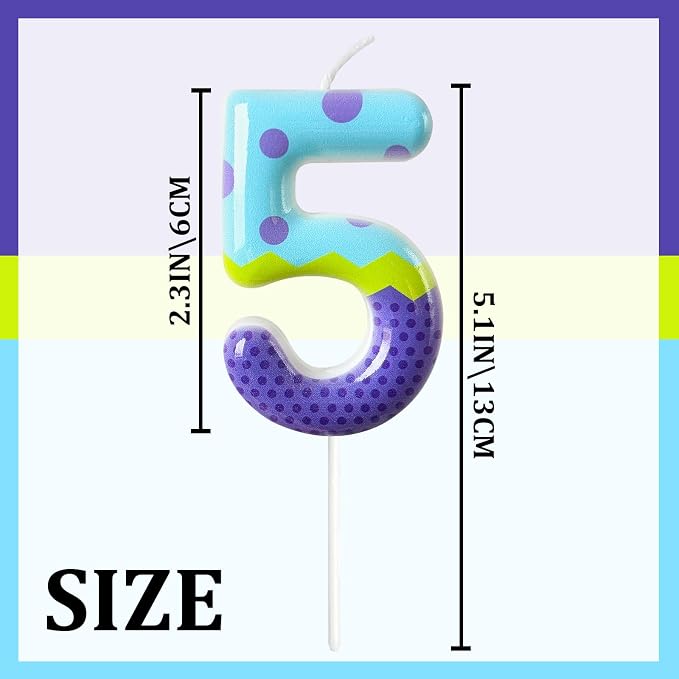 Number 5 Birthday Candle for Cake – Colorful Polka Dot & Patchwork Design – Fun Cake Topper Decoration for Birthday Celebration