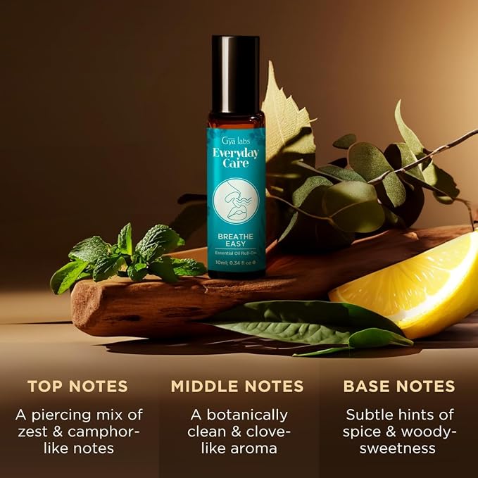 Gya Labs Breathe Essential Oil Roll On - 0.34 Fl Oz - Travel Size Roller for Camping, Skin, Aromatherapy Relief, Convenience