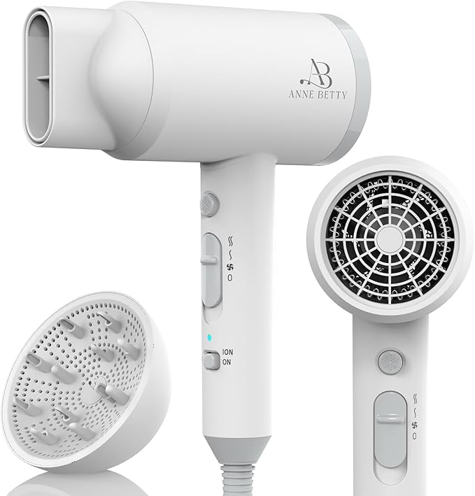 ANNE BETTY Hair Dryer with Diffuser for Curly Hair, 1800W Ionic Blow Dryer for Women & Men, Fast-Drying, Lightweight, Low Noise, Hair Care Styling Tool for Home, Travel