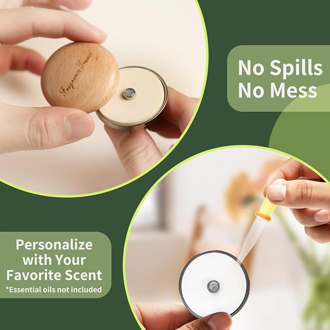 Wooden Car Air Freshener Vent Diffuser, Light Brown Beech Wood with Zinc Alloy Base, Refillable Essential Oil Compatible Car Vent Clip, Includes 4 Scented Pads, Long Lasting Natural Diffuser