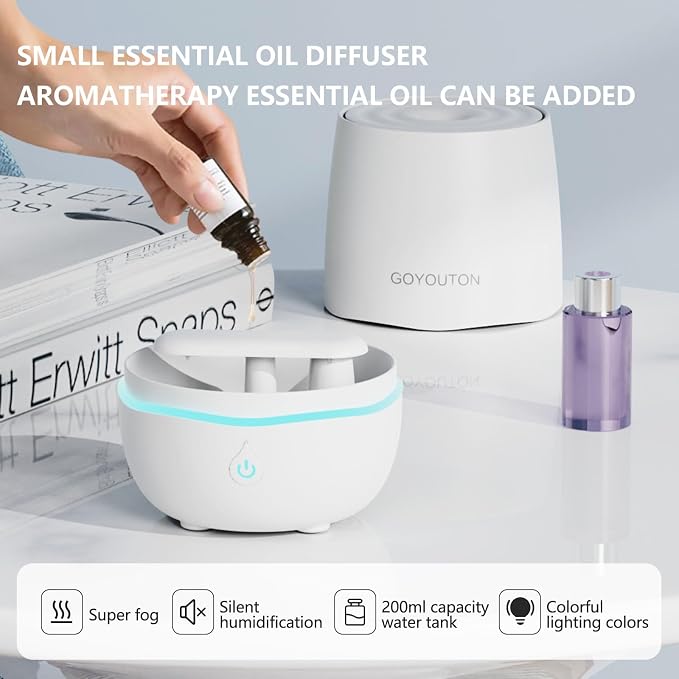 Essential Oil Diffuser, 200ML Diffusers for Home Scent Aromatherapy Diffuser Air Desk Humidifier Oil Diffuser romfor Bedroom Room Office with 7 Color LED Lights Quiet Waterless Auto Shuts-off (White)