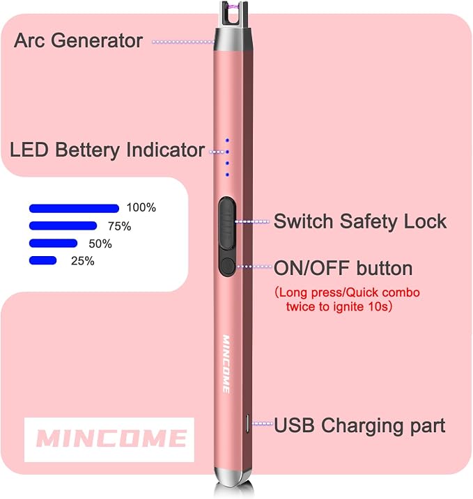 Candle Lighter Electric Rechargeable USB Plasma Arc Lighter with Safety Lock, Windproof Flameless Long Matches Lighters for Candle,Grill,BBQ,Camping,Gas Stove