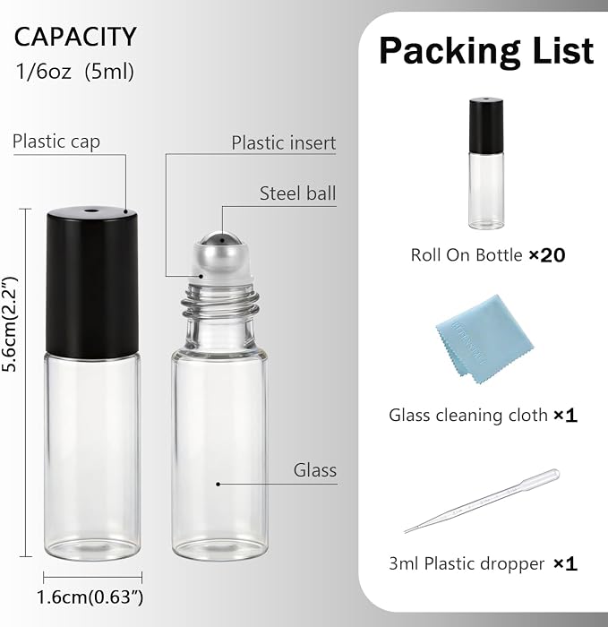 Elfenstall- 20PCS 5ml Clear Glass Roller Bottles Roll On Bottle Container with Metal Ball for Essential Oil Aromatherapy Perfumes