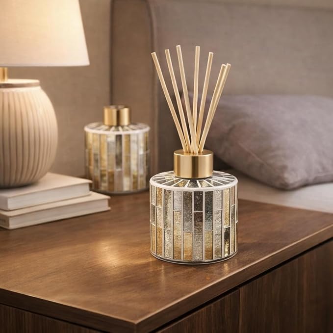 7.3oz Decorative Vertical Stripe Mosaic Glass Reed Diffuser Bottle Set with Silver Caps & 16pcs Natural Feed Sticks-Set of 2 - Ideal for Home Fragrance, Bathroom Decoration, Accent (Amber)