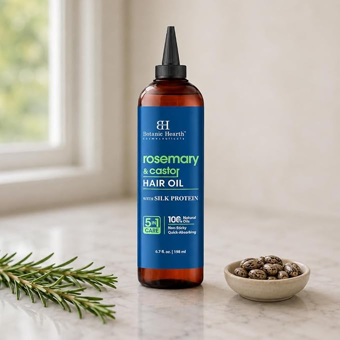 Botanic Hearth 100% Pure Rosemary Castor Oil For Hair Growth & Hair Treatment Oils 6.7 Fl Oz | Infused with coconut Oil | Hair Oil Repairs Dry Damaged Hair, Strengthening, Healthier | All Hair Types