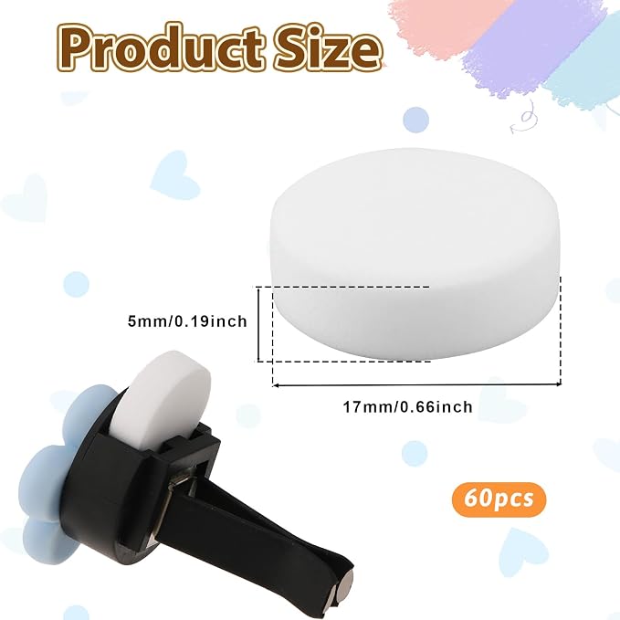 60Pcs Car Air Vent Clip Replacement Pads Unscented Essential Oil Perfumes Refill Pads for Car Air Freshener Clips Diffuser 17mm White Refill Replacement for Custom Fragrance