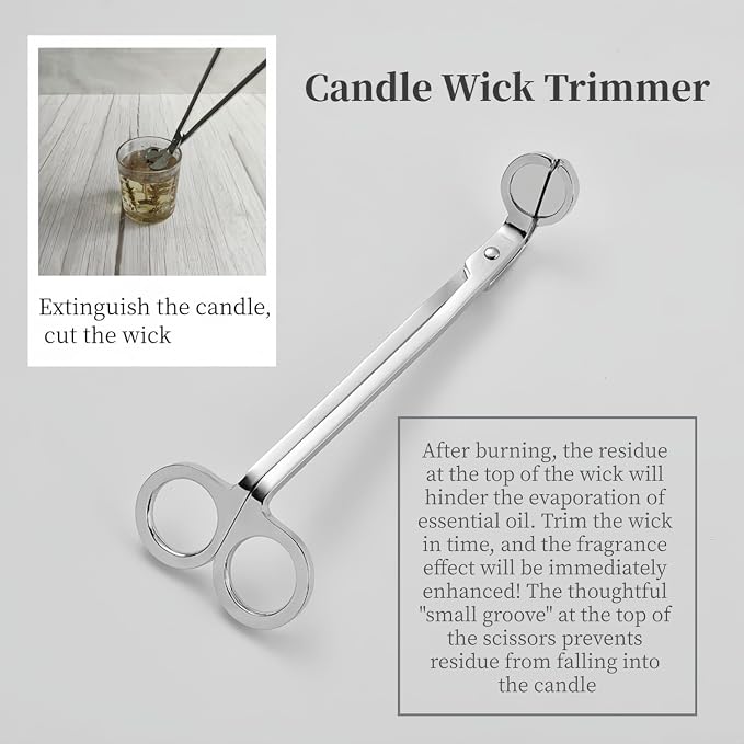 Candle Wick Trimmer，Professional Copper-Nickel Plated Candle Wick Trimmer 2-piece Set, 7.09-inch Silver Scissors with Decorative Patterns, Candle Maintenance Tool with a Ball Head