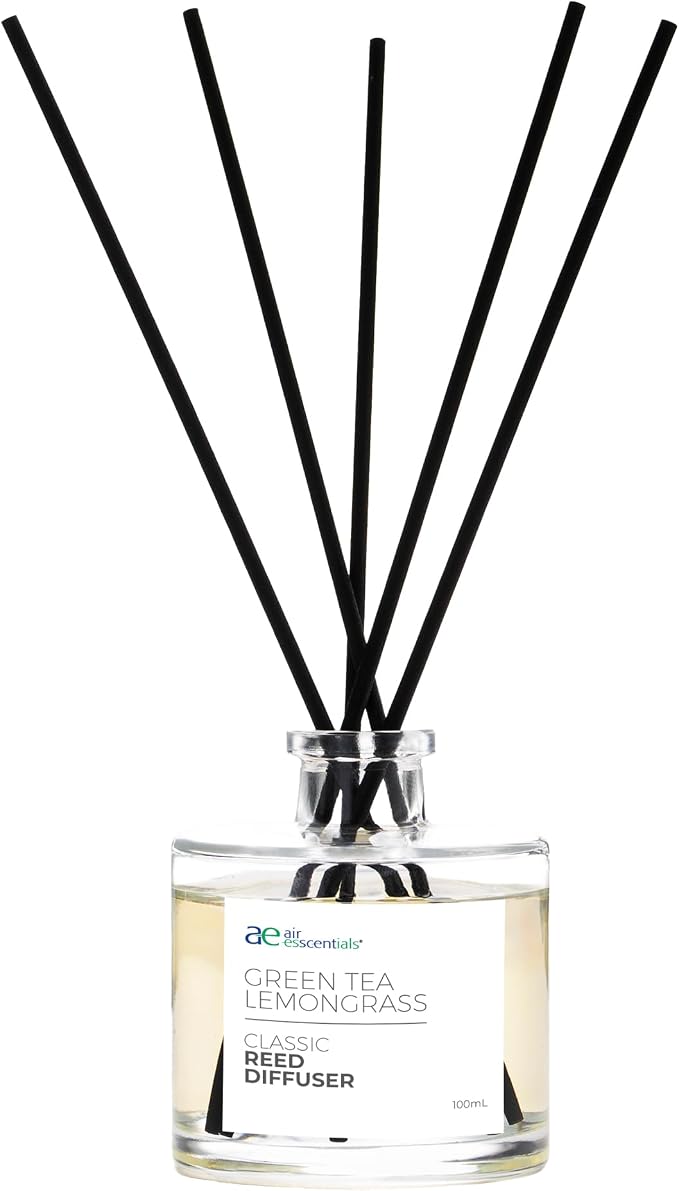 Air Esscentials Classic Green Tea Lemongrass Reed Diffuser Set - Decorative Fragrance Diffuser & Oil for Bathroom & Home | Long-Lasting Aroma | Natural Scent Sticks | Essential Oils, Botanicals| 100mL