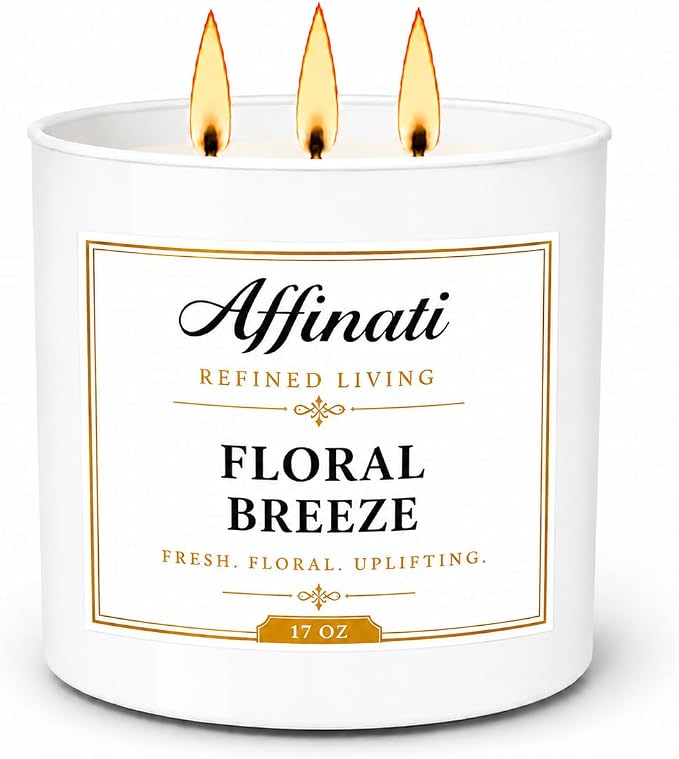 Affinati Floral Breeze 3 Wick Scented Candle – Large Soy Blend Candle, Strong Scent Throw Fresh Bright Botanical Aromatherapy Candles, Premium Elegant Gift for Women