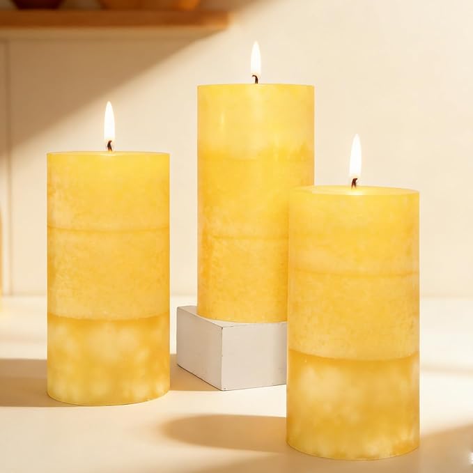 3 x 6 Inches Pillar Candles Lemon Scented Yellow Decorative Rustic Candles Citrus Scent Clean Burning Hand-Poured Large Candles Decorative for Home Aesthetic Relax Spa Bathroom