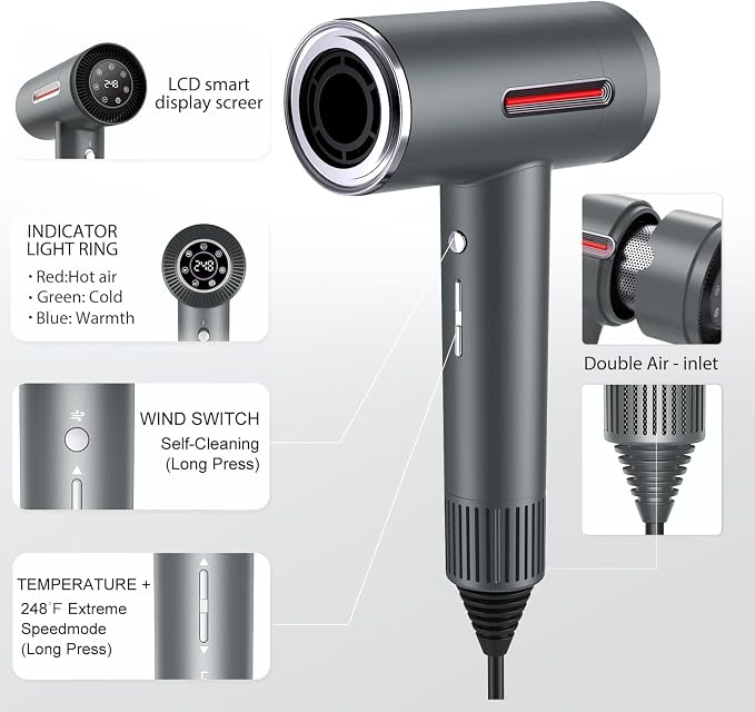 Hyper-Speed Hair Dryer, 180,000 RPM Brushless Motor for 1min Fast Drying, Dual Voltage Travel Blow Dryer with Diffuser & Concentrator, 600M Negative Ions for Frizz-Free Shine, HD Screen, Gunmetal