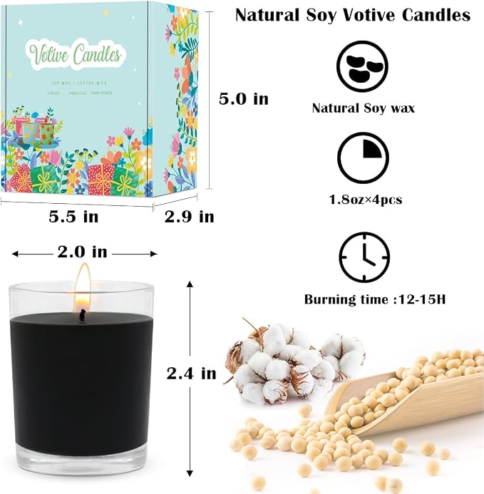 Unscented Black Votive Candles in Glass, 2 Inch Natural Soy Wax Scentless Candles for Halloween Wedding Party Home Holidays Relaxation Spa, 12-15 Hour Burning Time, 4 Packs