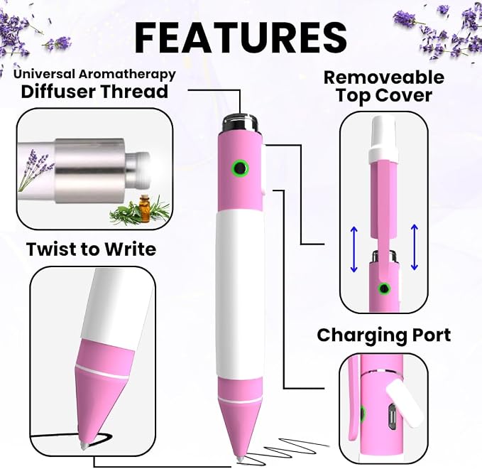 Aromatherapy Writing Pen Battery with Real Ink Tip and Hidden Diffuser Port, Soft Touch Ballpoint for Note Taking, Signature, and On-The-Go Relaxation, Rechargeable Wellness Gift for Office (Pink)