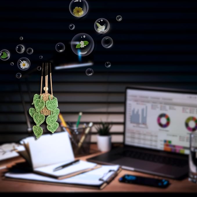 ROFIGL Handmade Crochet Hanging Car Air Freshener- Lifelike Green Pothos for Hanging with 12ml Thick Refillable Glass Diffuser Bottle, Suitable Decor for Car Rearview Mirror, Home & Wellness Spaces