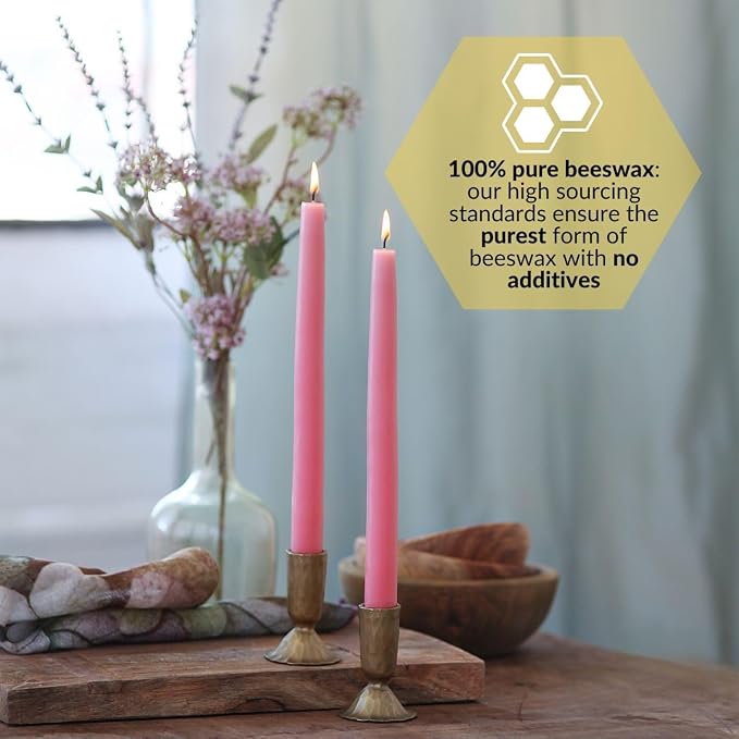 Big Dipper Wax Works Cherry Blossom Pink Hand-Dipped Beeswax Taper Candles – 12” x 7/8”, 2-Pack, 100% Pure Beeswax, Long Burning, Clean, Cotton Wick, Handmade in USA, Home Décor & Wedding Candles