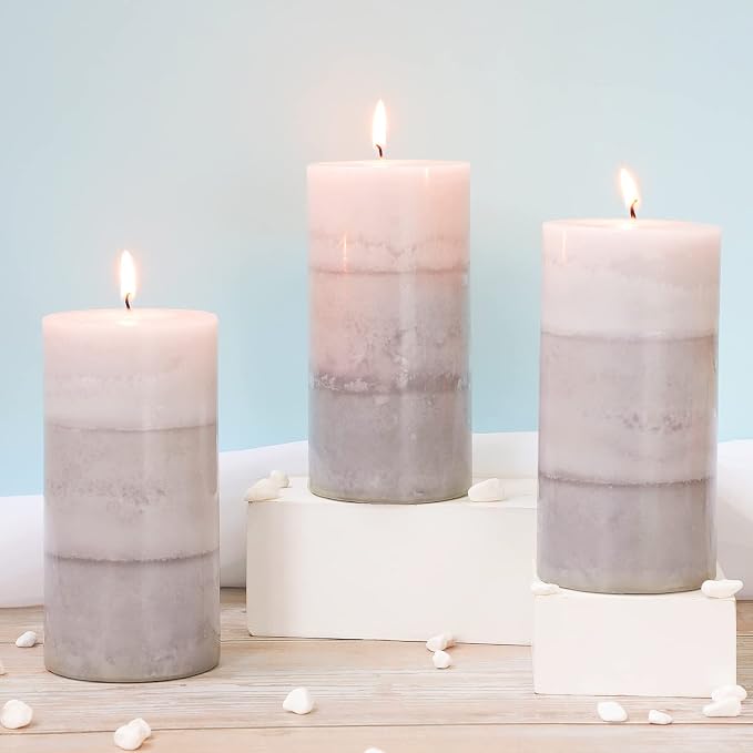 Set of 3 Scented Candles 3" x 6" Creamy Coconut Scented Hand Poured Grey White Pillar Candles Long Burning Smokeless Cotton Wick Candles Gift Set for Spa Wedding Home Decorations