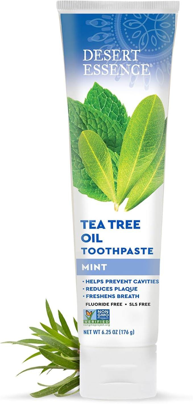 Desert Essence Tea Tree Oil Toothpaste - Mint - 6.25 Ounce - Refreshing Taste - Deep Cleans Teeth & Gums - Helps Fight Plaque - Sea Salt - Pure Essential Oil - Baking Soda - Promotes Healthy Mouth